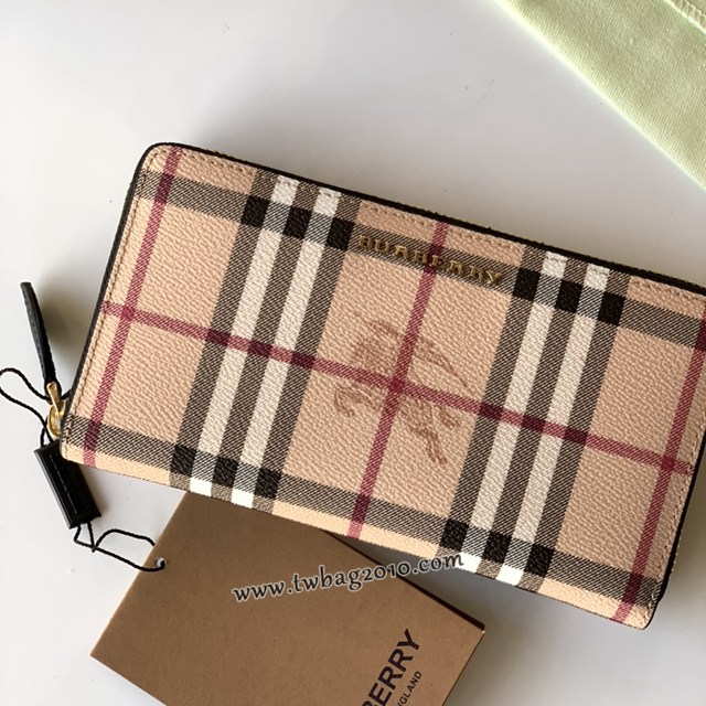 Burberry專門店新款Haymarket格紋拼皮革拉鏈錢包 巴寶莉男女款長錢包 yxb1057